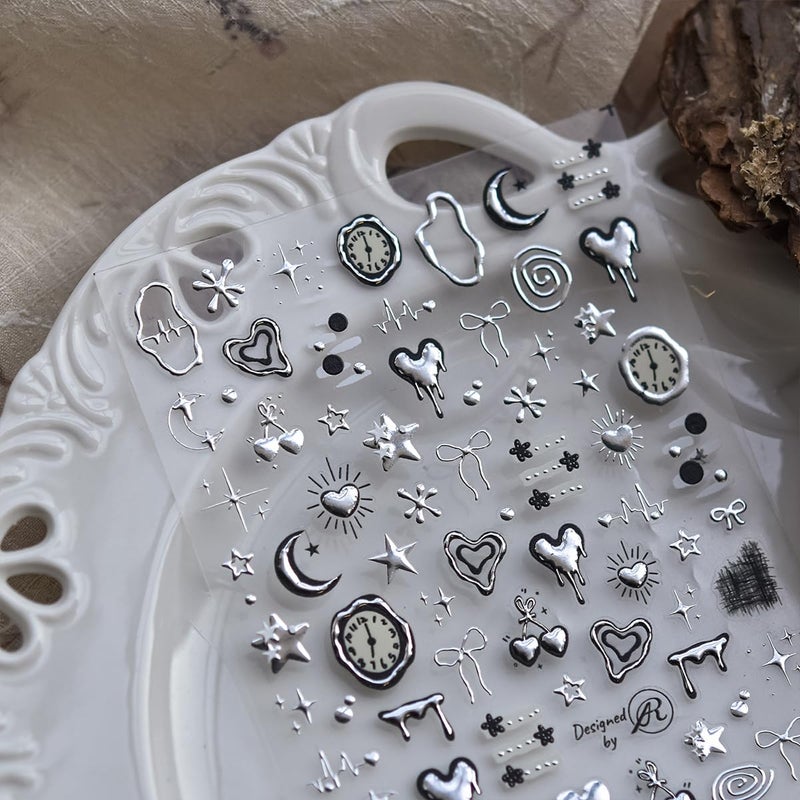 OSTTMA Silver Nail Art Stickers Metal Heart Nail Decals 5D Embossed Silver Heart Star Moon Clock Bow Designs Y2K Nails Art Supplies Metallic Style Self Adhesive Manicure Decoration for Women - Image 3